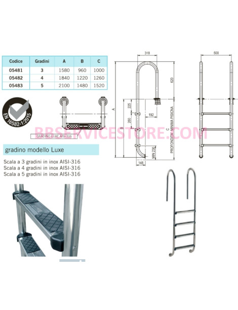 Scala per piscina STRETTA DE LUXE inox con corrimano Disponibile con  3 - 4 - 5 gradini da 500mm