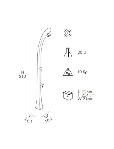 Doccia Solare HAPPY ONE polietilene 20 litri con miscelatore + lavapiedi per esterno piscina giardino modello curvo colori vari