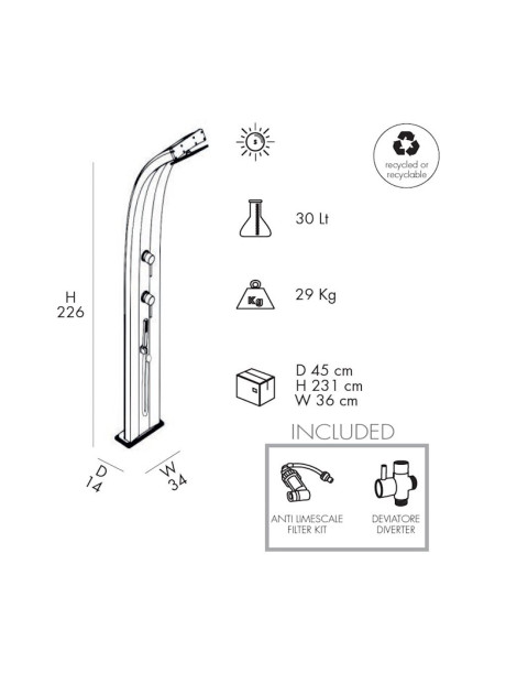 Doccia Solare DADA Alluminio 40 litri con miscelatore + doccetta mobile e deviatore per esterno piscina giardino Arkema Design