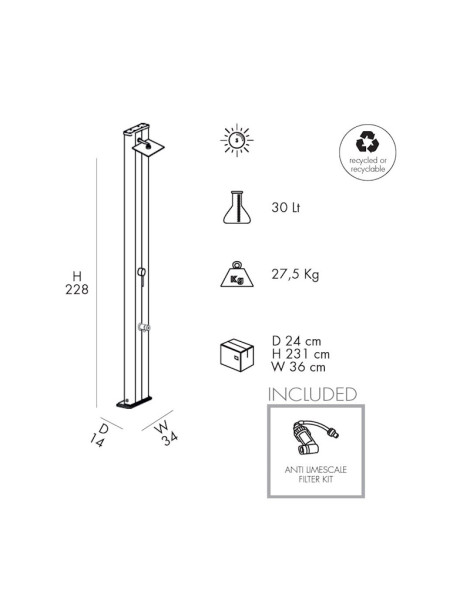 Doccia Solare DADA S D420 Alluminio 30 litri con miscelatore + lavapiedi per esterno piscina giardino modello diritto Arkema De